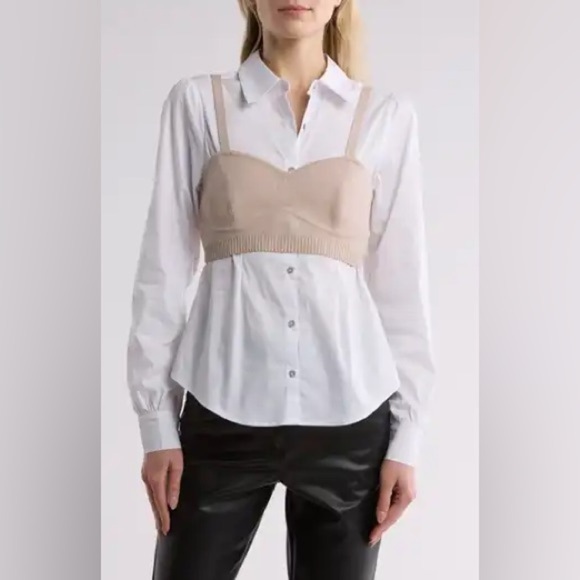 Cinq à Sept Connie Bustier Combo Knit Long-Sleeve Shirt in white metallic top M - Picture 1 of 16